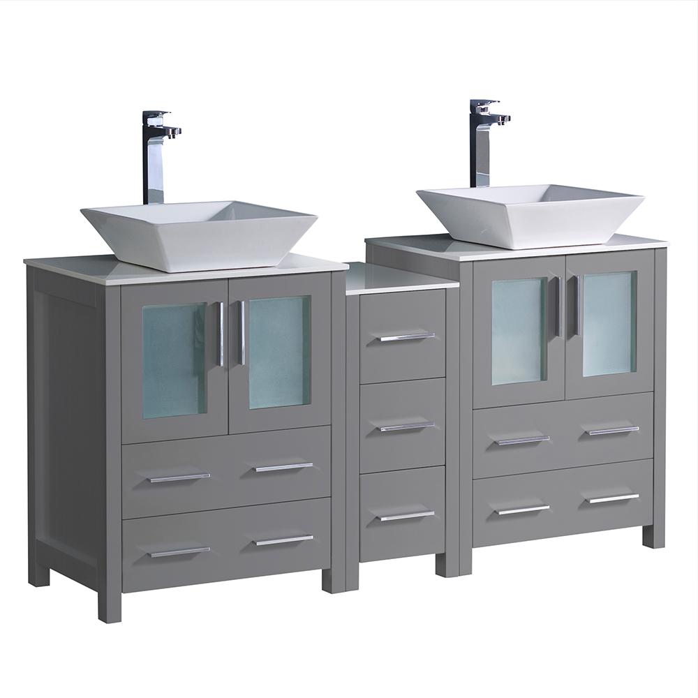 Fresca Torino 60 In W Double Bath Vanity In Gray With Glass Stone Vanity Top In White With White Vessel Sink Middle Cabinet