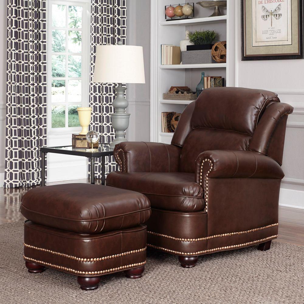 Home Styles Beau Brown Faux Leather Arm Chair with Ottoman-5200-100