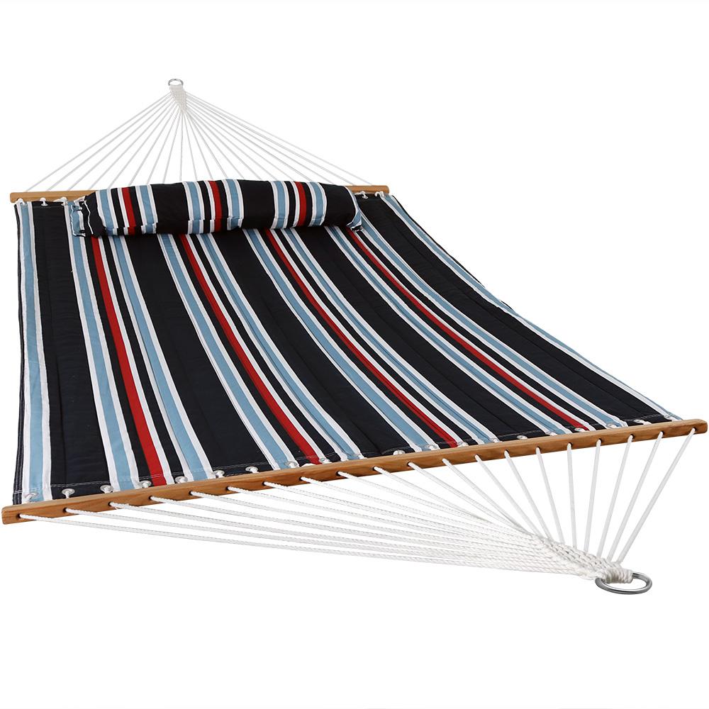 Sunnydaze Nautical Stripe Quilted Double 2 Person Hammock with Spreader Bar and Pillow, 130 Inch Long x 55 Inch Wide