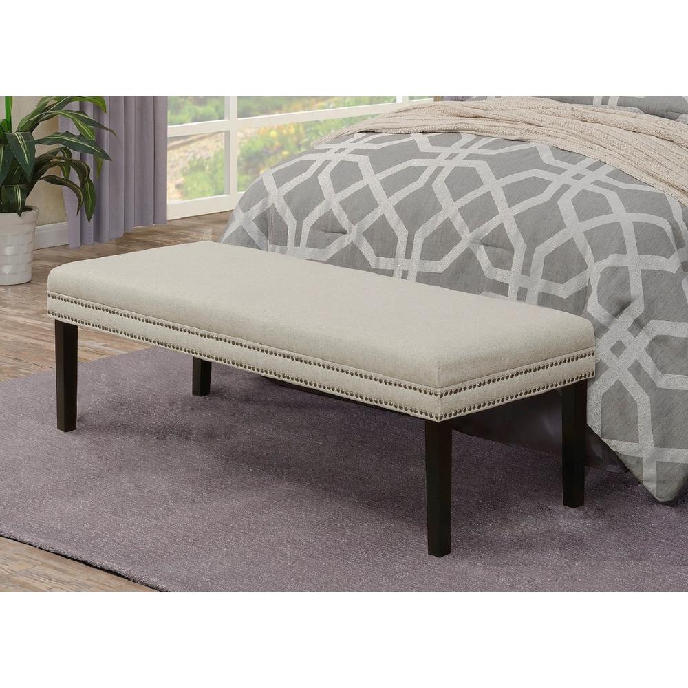 Linen White Upholstered Bed Bench With Nail Head Trim DS