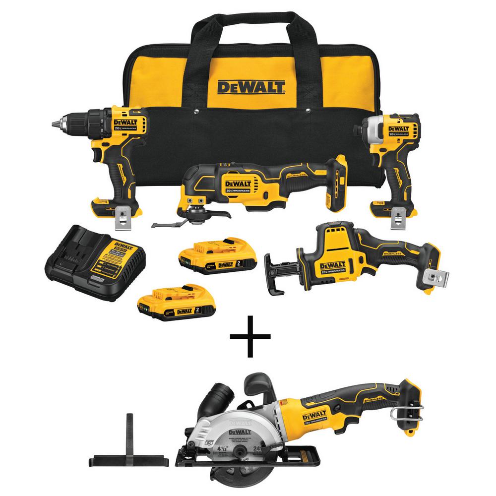 ATOMIC 20-Volt Li-Ion Combo Kit (4-Tool) w/(2) 2Ah Packs, Charger & Bonus Bare ATOMIC 20V Cordless 4-1/2 in. Circ Saw ATOMIC 20-Volt Li-Ion Combo Kit (4-Tool) w/(2) 2Ah Packs, Charger & Bonus Bare ATOMIC 20V Cordless 4-1/2 in. Circ Saw