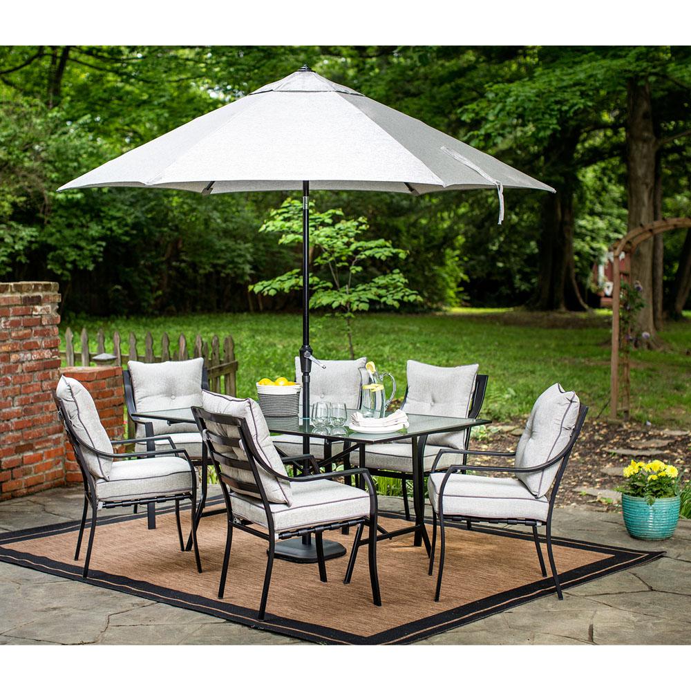 Hanover Lavallette 7 Piece Glass Top Rectangular Patio Dining Set With Umbrella Base And Silver 