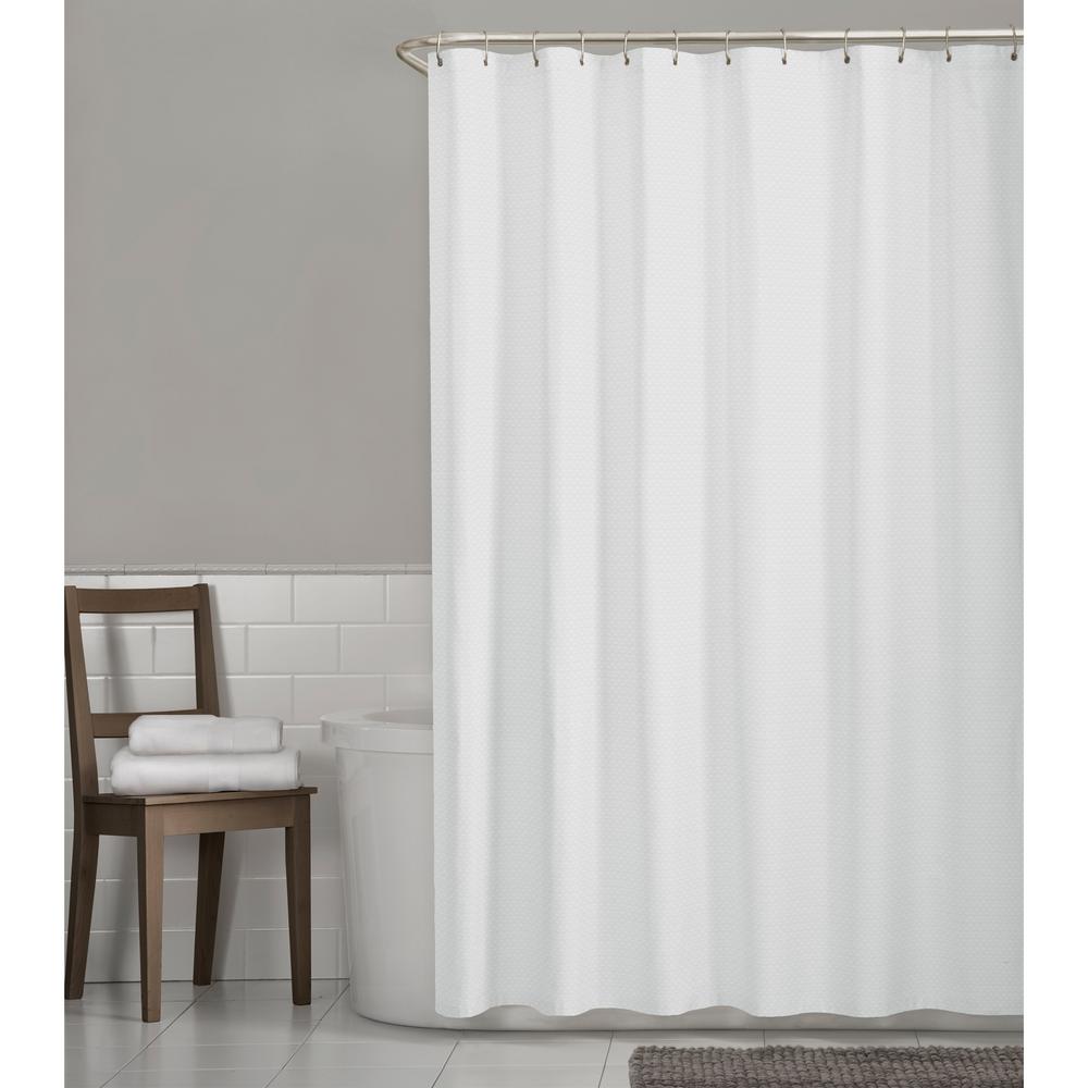 white and beige shower curtain