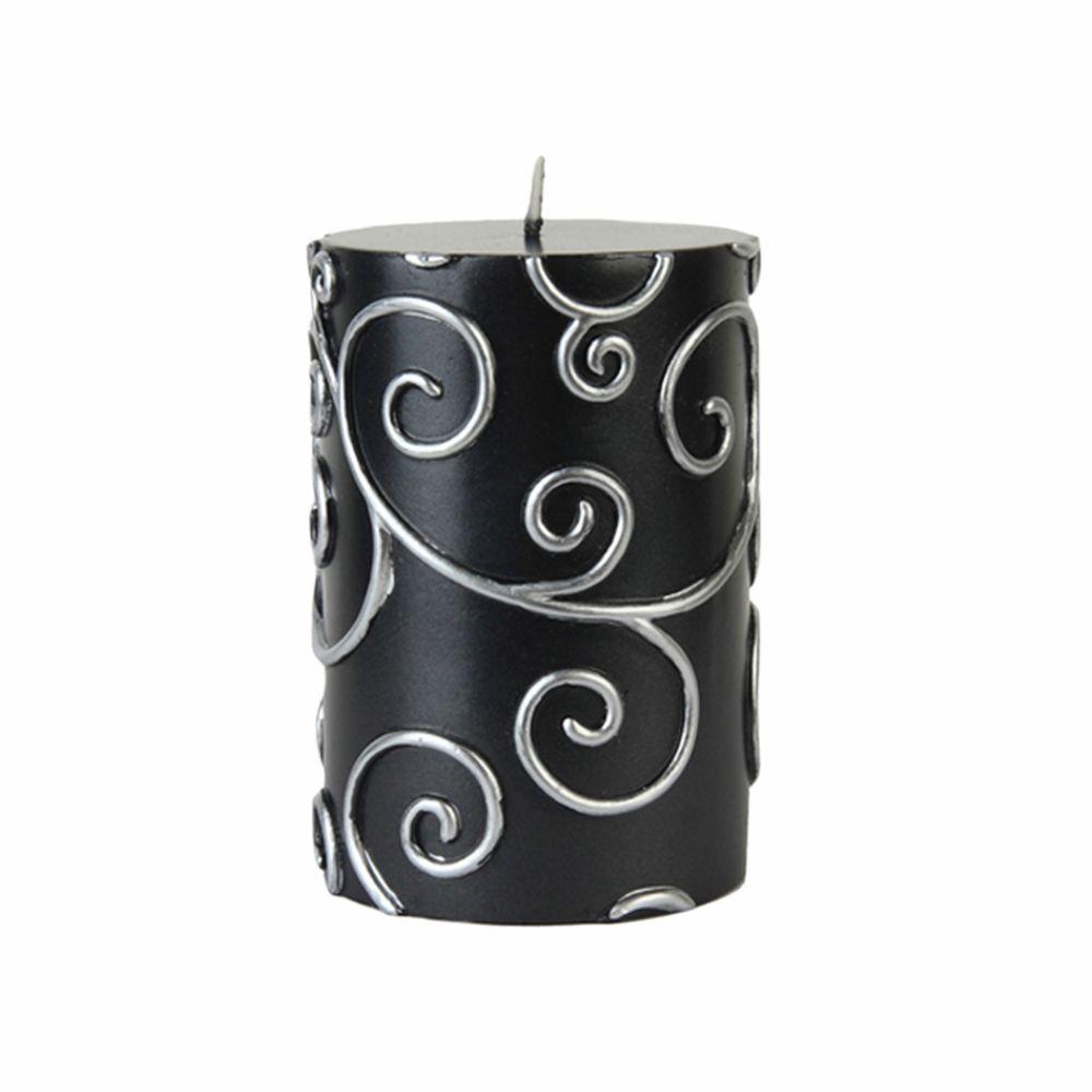 Zest Candle 3 in. x 4 in. Black Scroll Pillar Candle Bulk (12Case)CPS