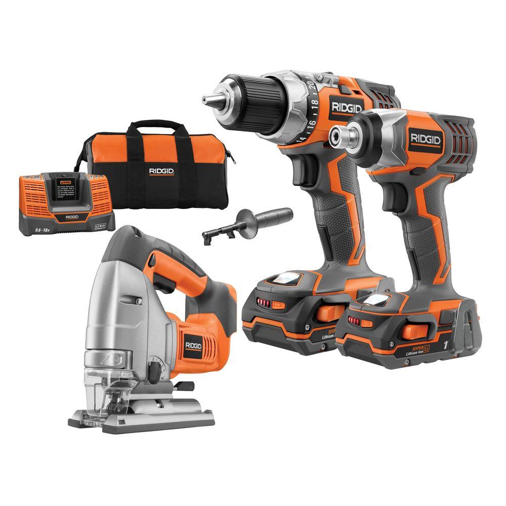 RIDGID 18Volt LithiumIon Cordless Drill/Impact/Jig Saw Combo Kit (3