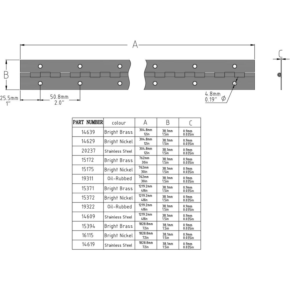 Stainless Steel Continuous Hinge with Hole Bright Annealed Finish 4 Feet, 2 Inches