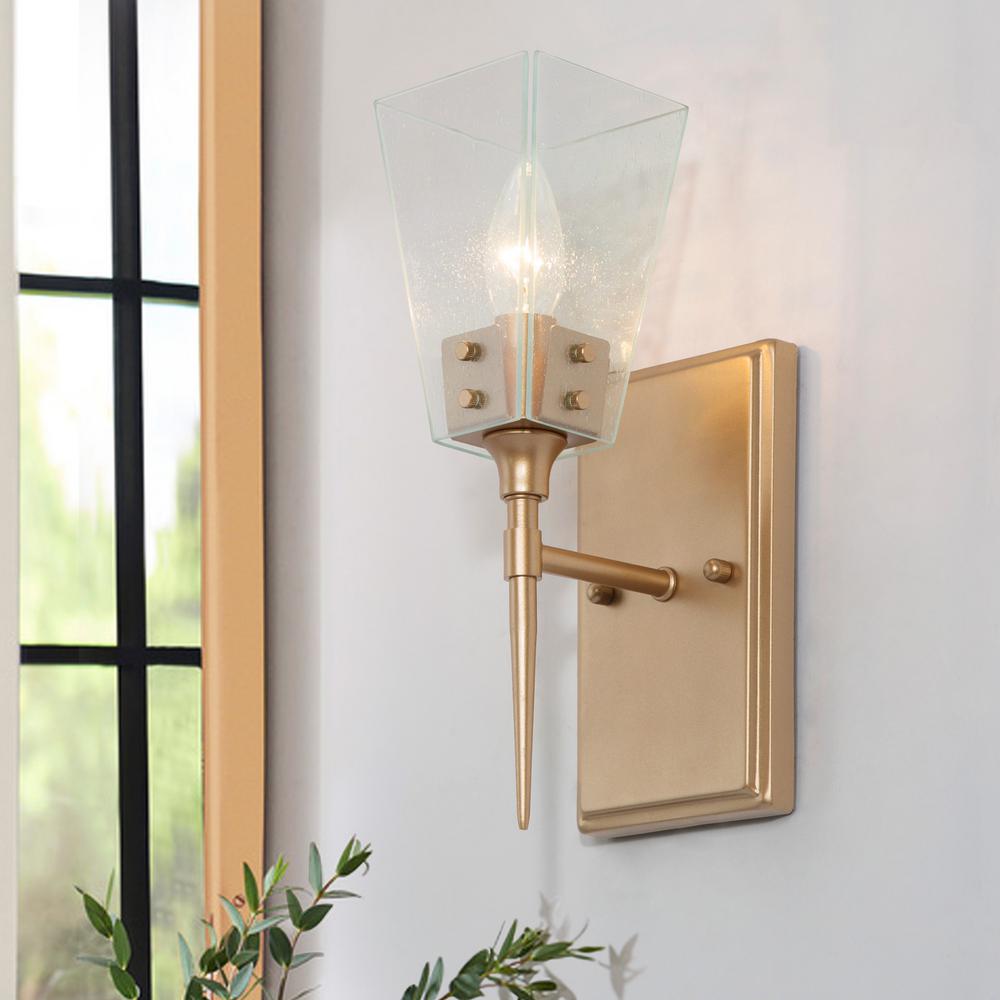 Uolfin Modern Brass Wall Sconce Ada 1 Light Bathroom Vanity Light With Clear Seeded Glass Shade