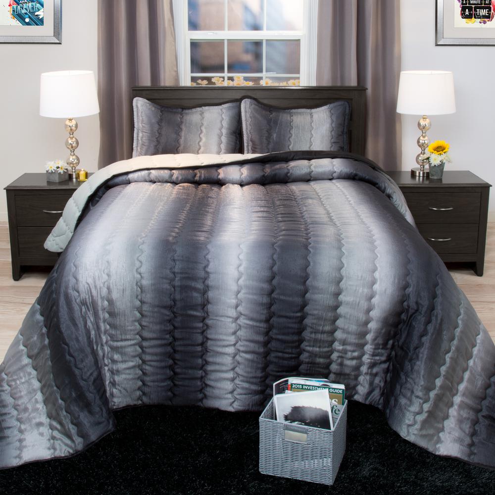 Lavish Home Striped 3Piece Charcoal and Silver Metallic Full Comforter