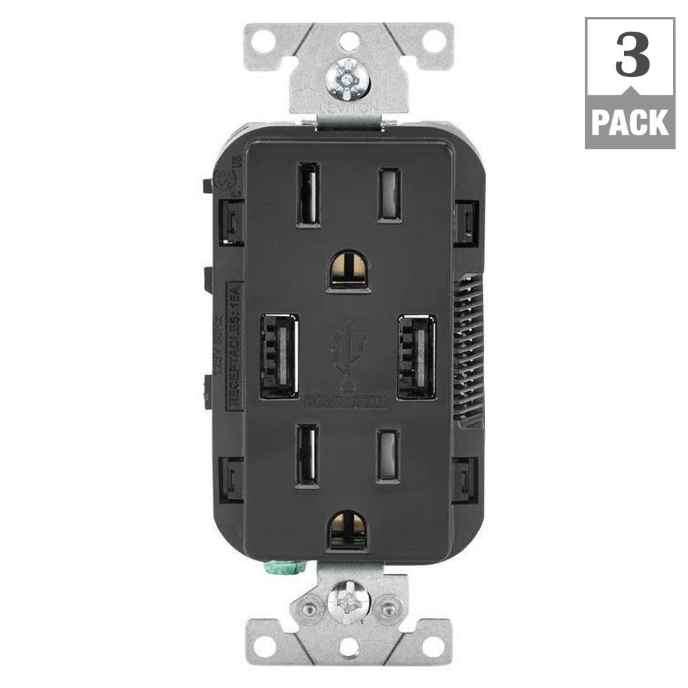 Leviton 15 Amp Decora Combination Tamper Resistant Duplex Outlet and USB Charger, Black (3-Pack ...