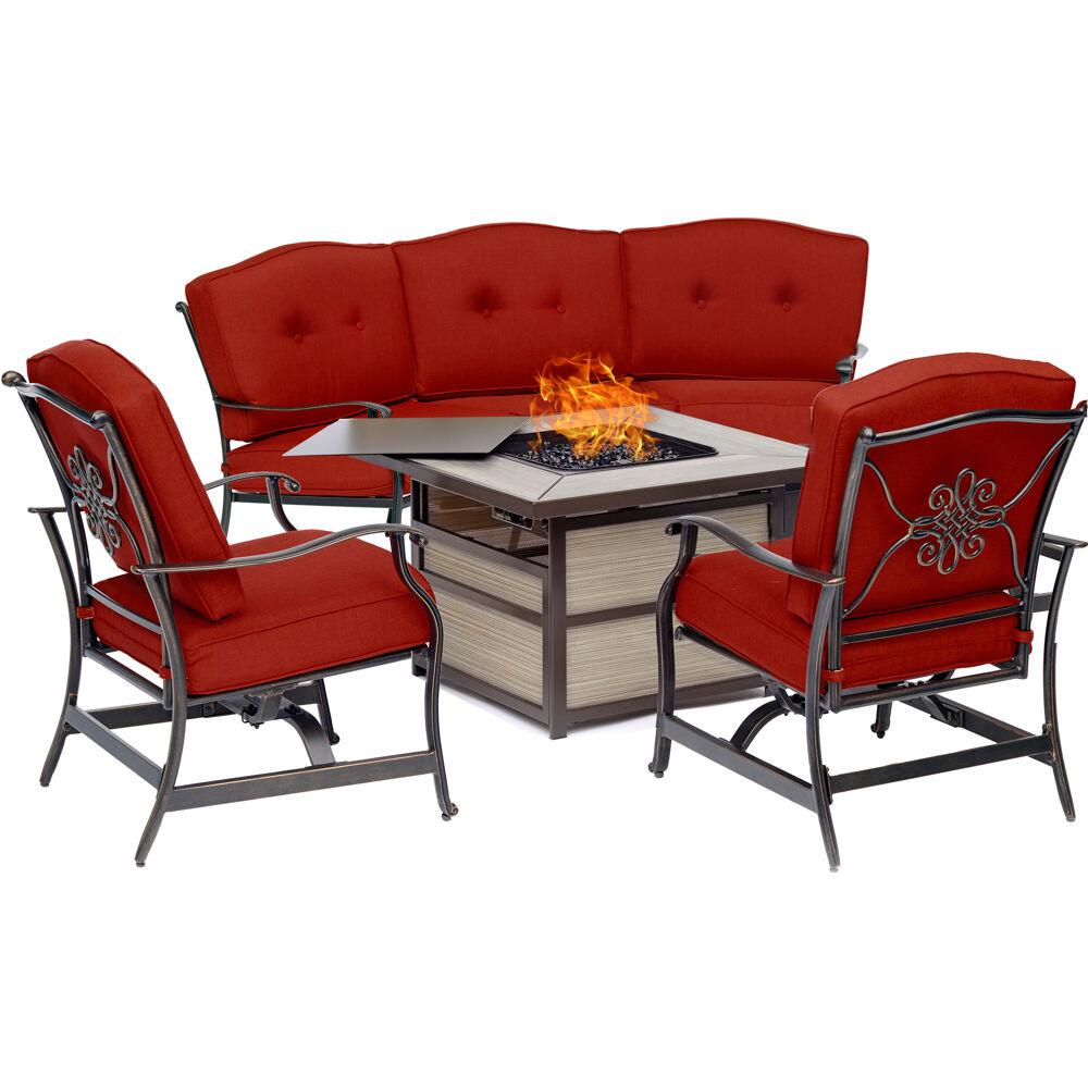 Hanover Traditions 4-Piece Aluminum Patio Fire pit Seating Set with Red