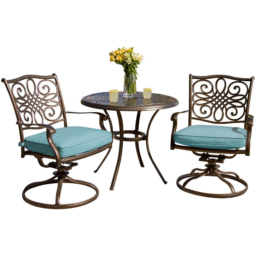 Cambridge Seasons 3 Piece Aluminum Round Outdoor Bistro Set With Two Swivel Rockers And Blue Cushions - Swivel Rocker Patio Bistro Set Cambridge Seasons 3 Piece Aluminum Round Outdoor Bistro Set With Two Swivel Rockers And Blue Cushions - Swivel Rocker Patio Bistro Set