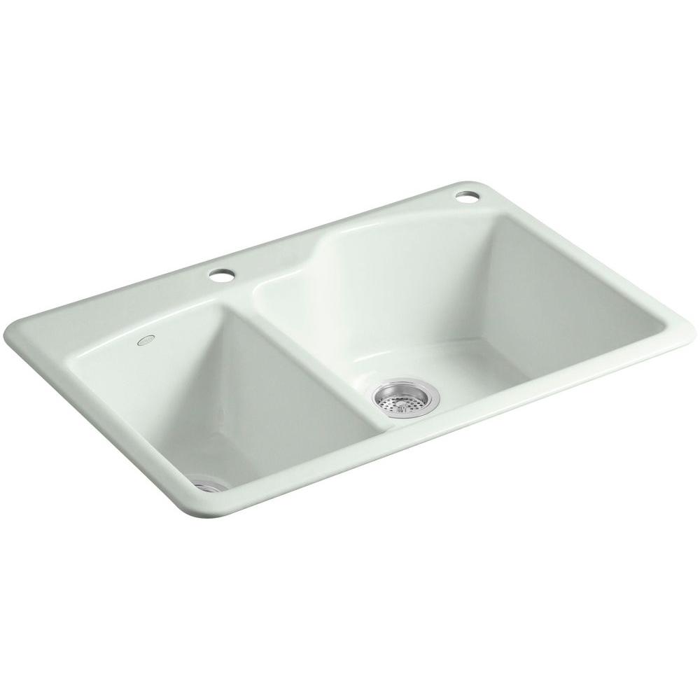KOHLER Wheatland Dropin CastIron 33 in. 2Hole Double Bowl Kitchen Sink in Sea SaltK58702