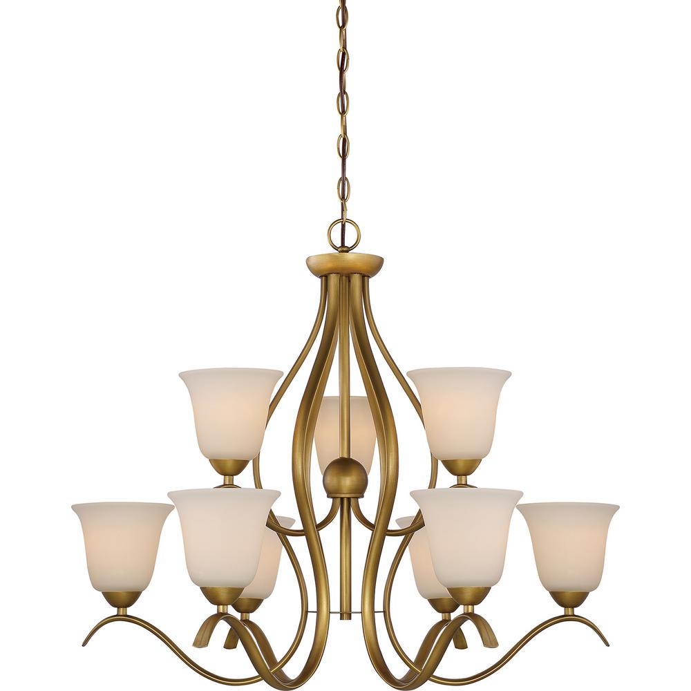Filament Design 9 Light Natural Brass Chandelier With White Glass Shade