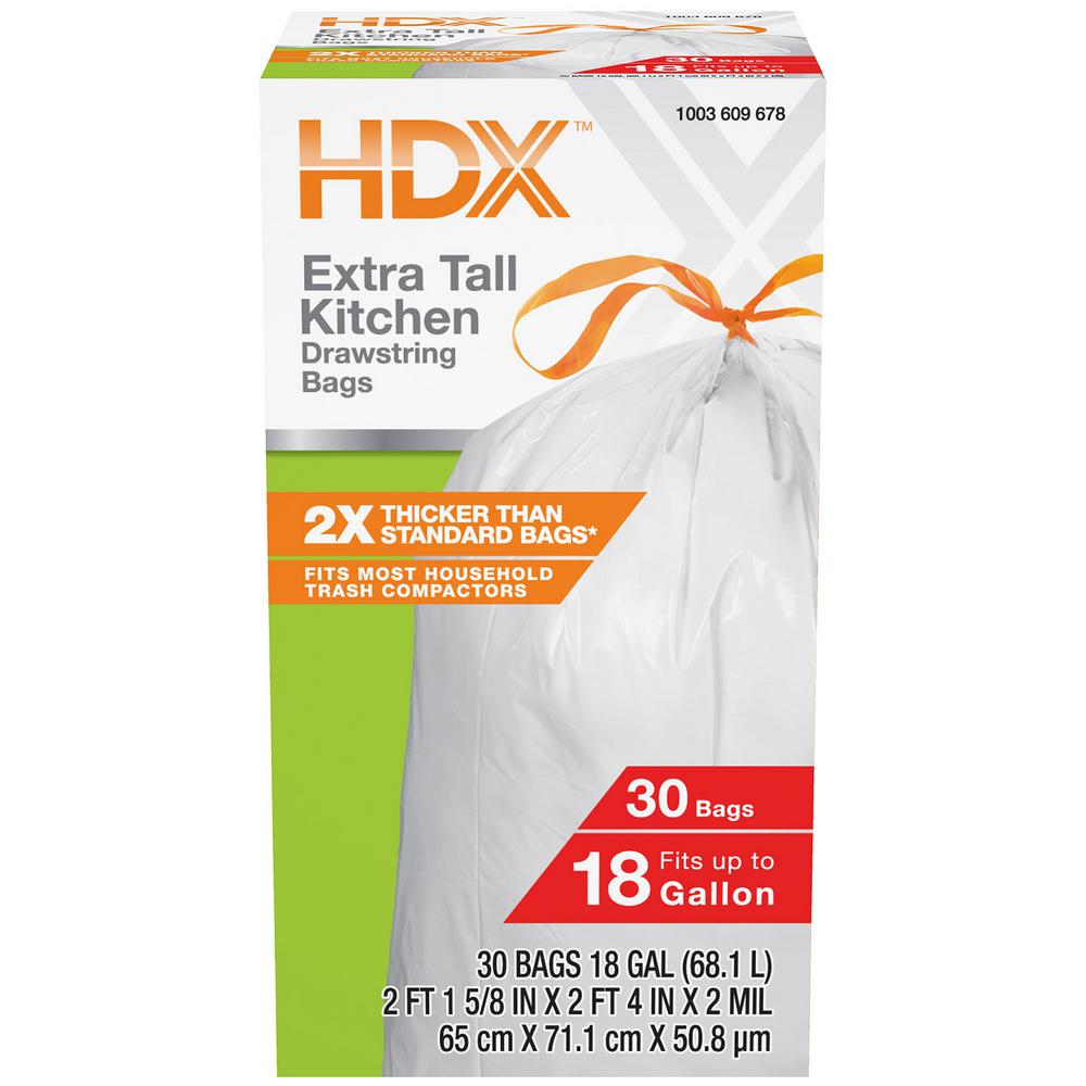 HDX 18 Gal. Drawstring Heavy-Duty Kitchen and Compactor Bags (30-Count ...