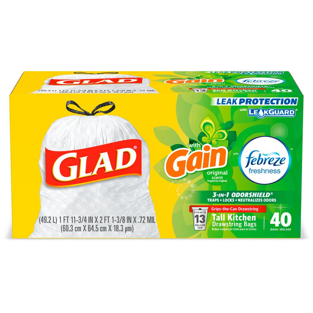 13 Gal Tall Kitchen Drawstring Gain Original With Febreze Odor Shield Trash Bags 40 Count