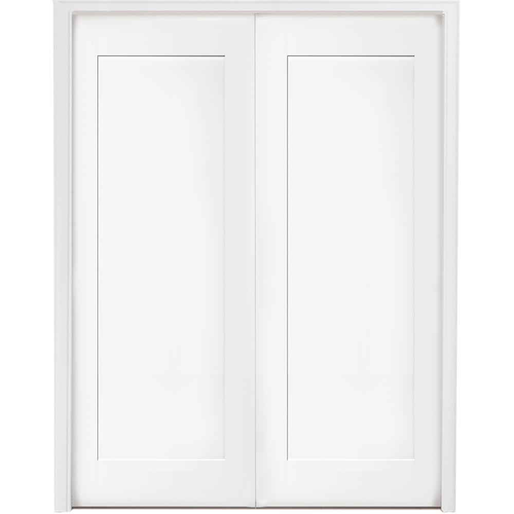 48 In X 80 In 1 Panel Primed White Shaker Solid Core Wood Double Prehung Interior Door With Nickel Hinges