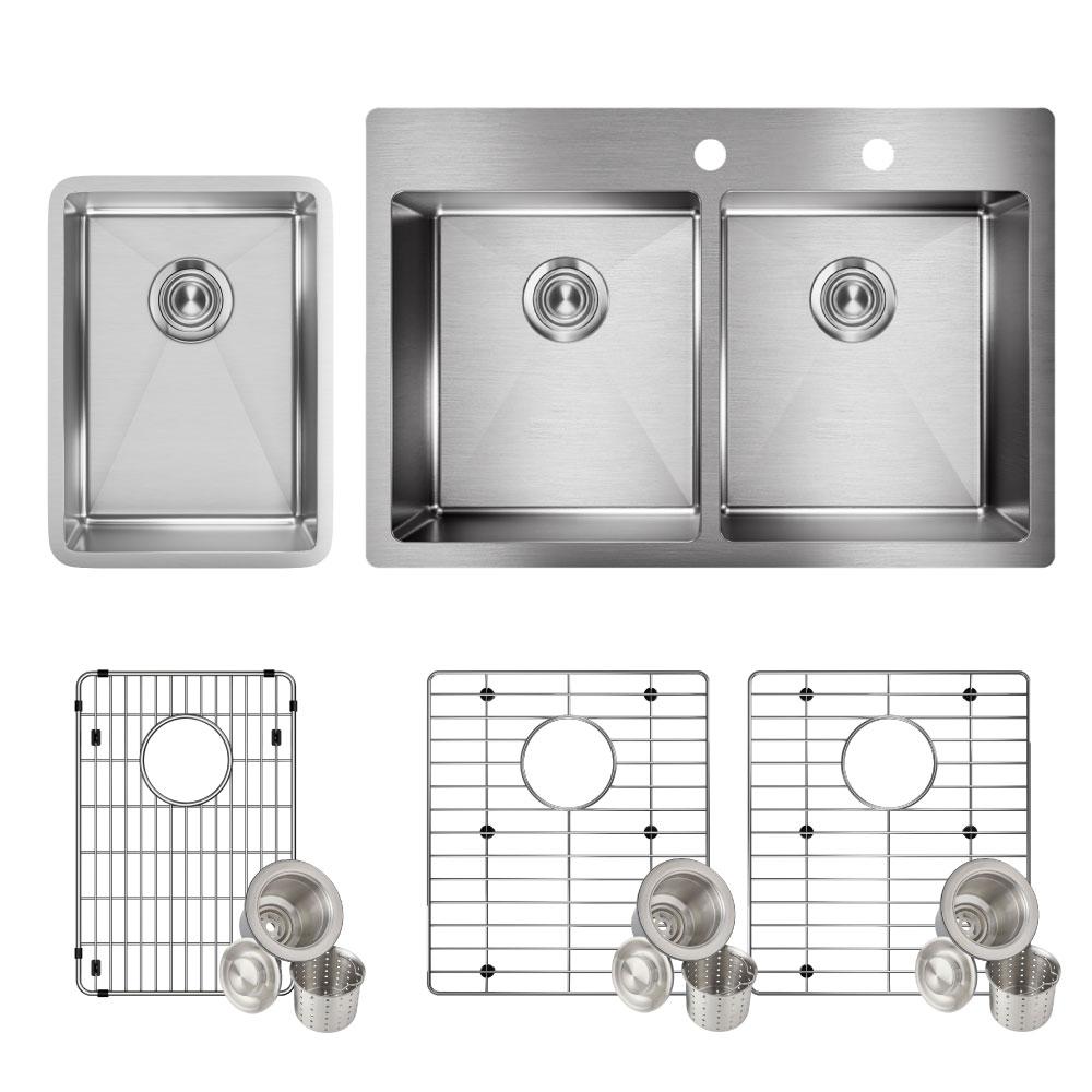 Elkay Crosstown Drop In Stainless Steel 33 In Double Bowl Kitchen Sink With Bar Sink Drain And Bottom Grid