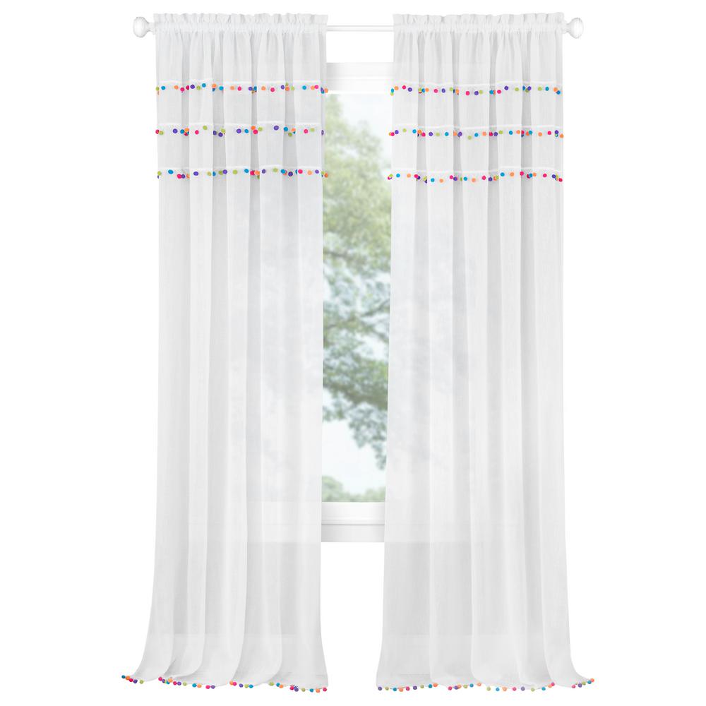 Achim Pom Pom White Polyester Rod Pocket Curtain Panel 52 In W X