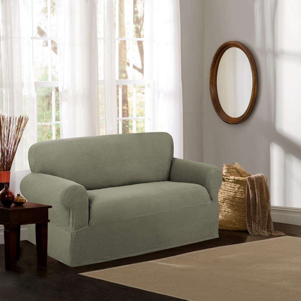 Maytex Reeves Stretch 1 Piece Moss Gray Loveseat Slipcover 4100502jdsag The Home Depot