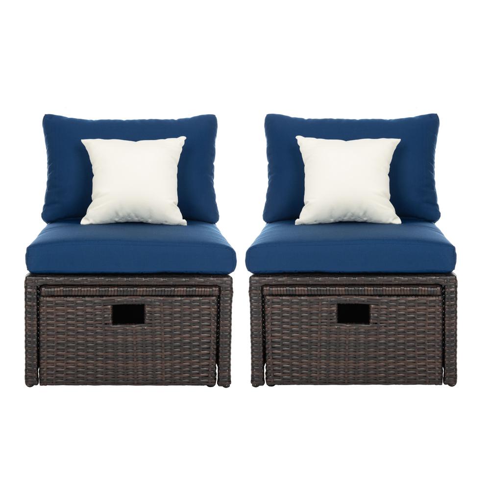 Safavieh Telford Brown 4Piece Wicker Outdoor Lounge Chair with Navy