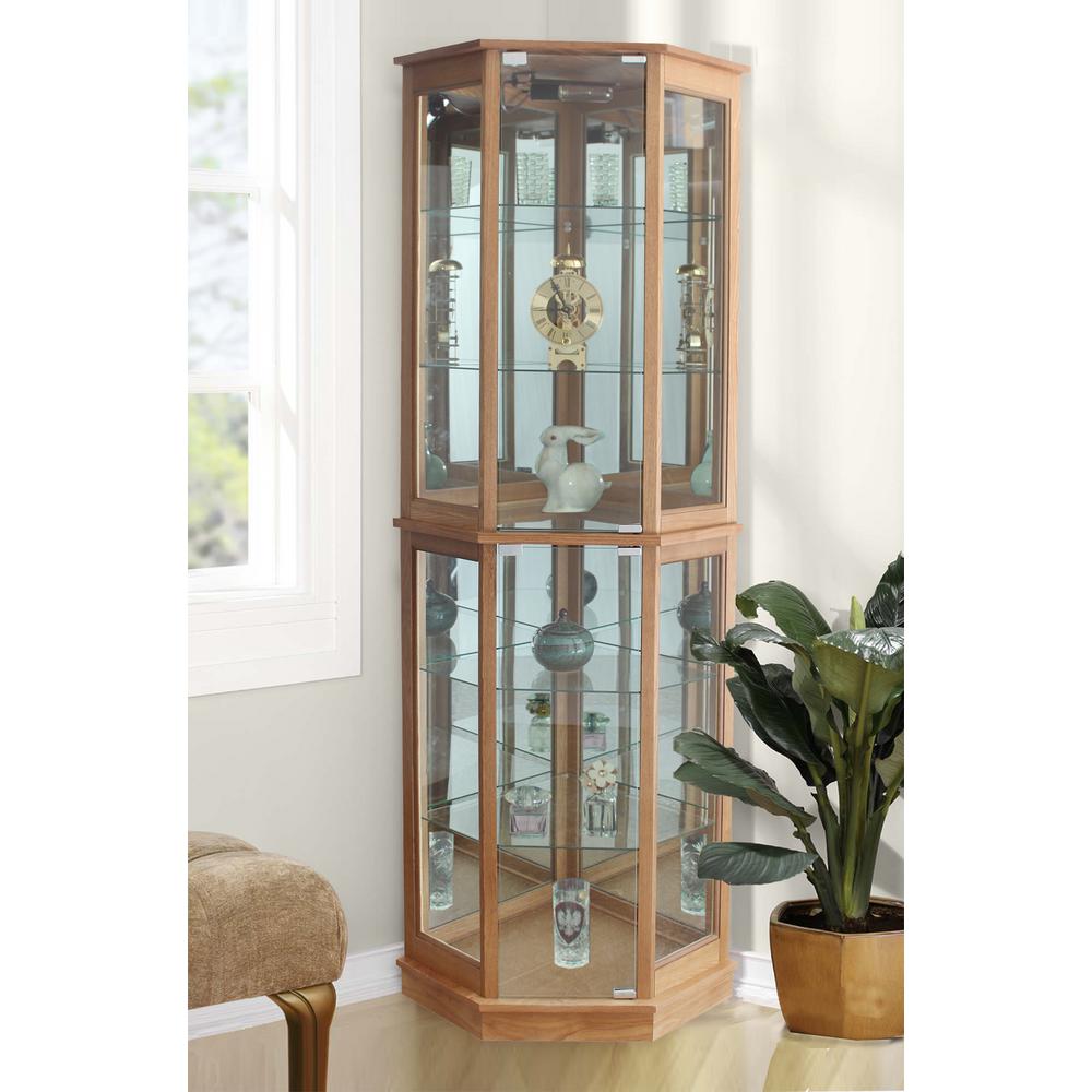 Floor Standing Oak 5 Sided Lighted Corner Curio Cabinet Fscc C 002 5 Sided Lighted Corner Curio Cabinet
