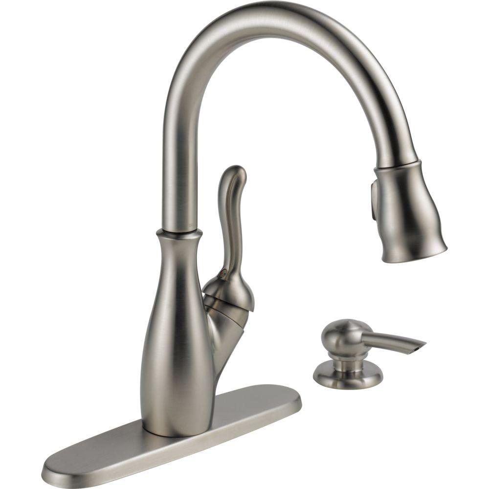 Delta Leland Single Handle Pull Down Sprayer Kitchen Faucet With Soap Dispenser In Stainless 19978 Sssd Dst The Home Depot