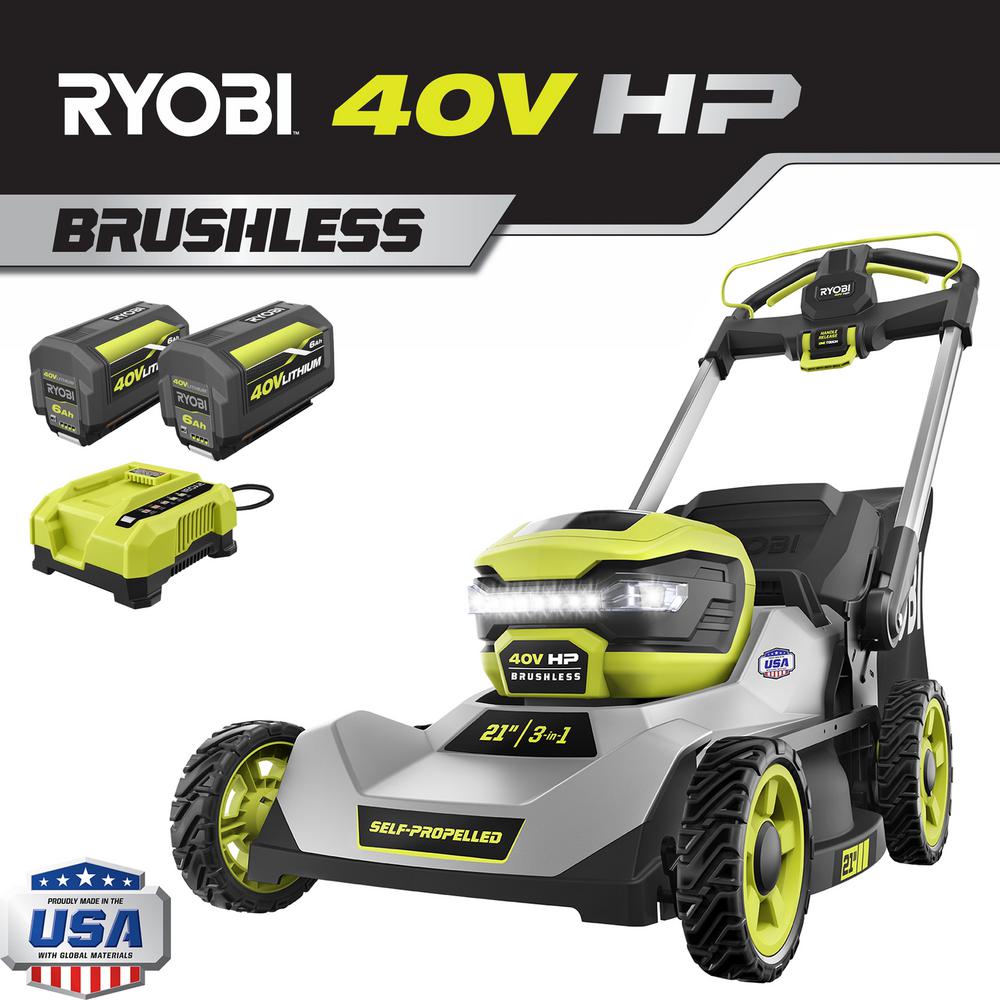 RYOBI 21 in. 40-Volt HP Lithium-Ion Brushless Cordless Walk Behind Self-Propelled Lawn Mower - Two 6.0 Ah Batteries & Charger