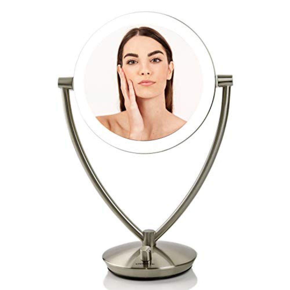 Ovente 5 3 In X 14 In Led Lighted Tabletop Makeup Mirror With 1x 5x Magnification Nickel Brushed Mlt75br1x5x The Home Depot