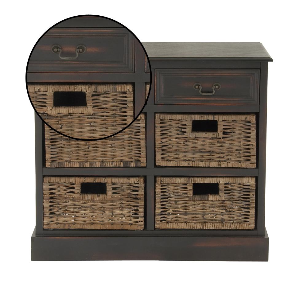 Litton Lane 28 In Walnut Wooden Cabinet With 4 Wicker Baskets