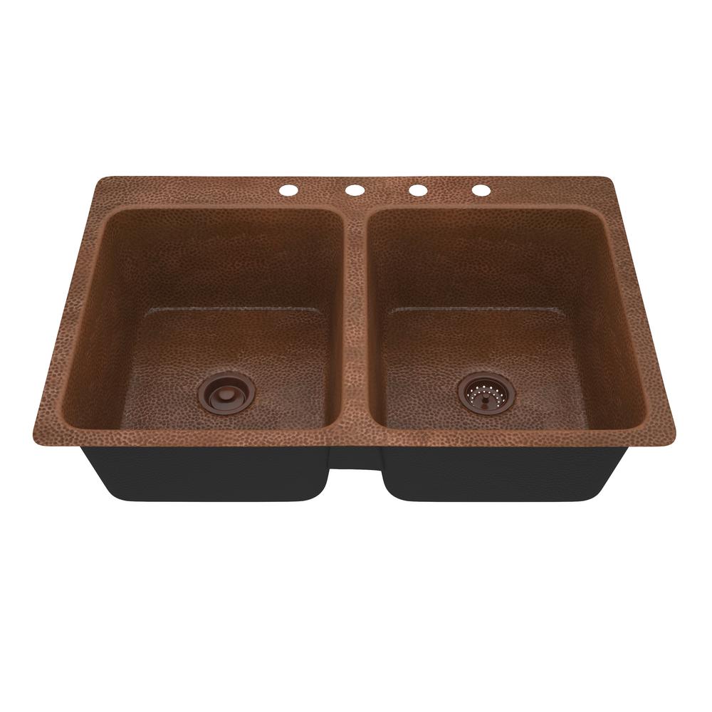 Anzzi Shore Drop In Handmade Copper 33 In 4 Hole 50 50 Double Bowl Kitchen Sink In Hammered Antique Copper