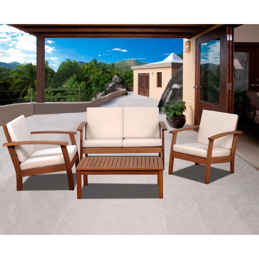 Amazonia Murano 4 Piece Eucalyptus Patio Conversation Set With Off White Cushions Sc Kingsbury The Home Depot