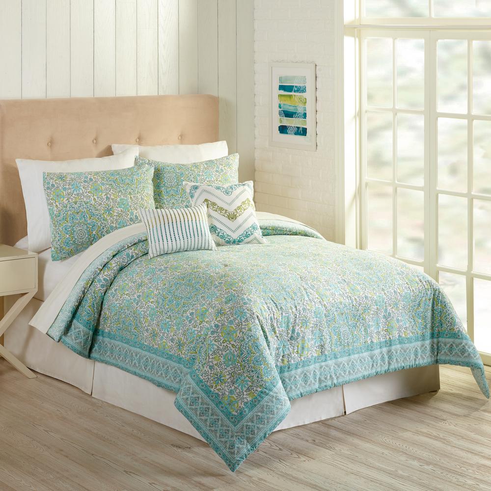 Indigo Bazaar Stamped Indian 5 Piece Aqua King Comforter Set