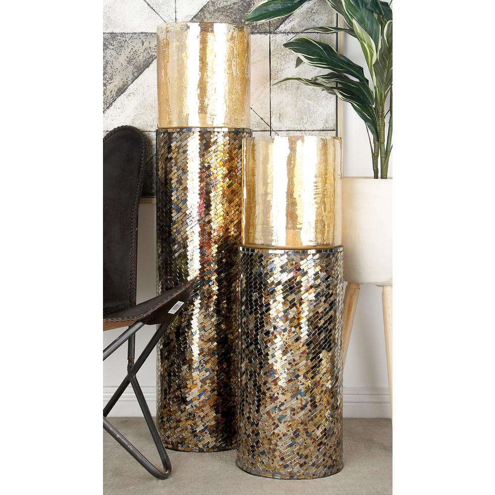 Litton Lane 45 In Gold Turquoise And Yellow Iron Glass Mosaic Gold Turquoise And Yellow Iron Glass Mosaic Hurricane Lantern Candle Holder 24018 The Home Depot