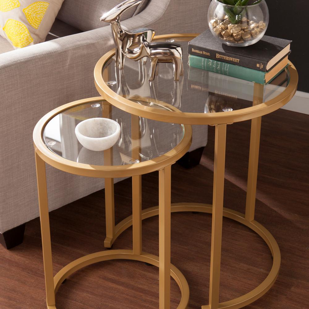 Glam Nesting Side Table 2pc Set Gold Round Glass Metal Steel Goldtone Finish Metallic Includes Hardware