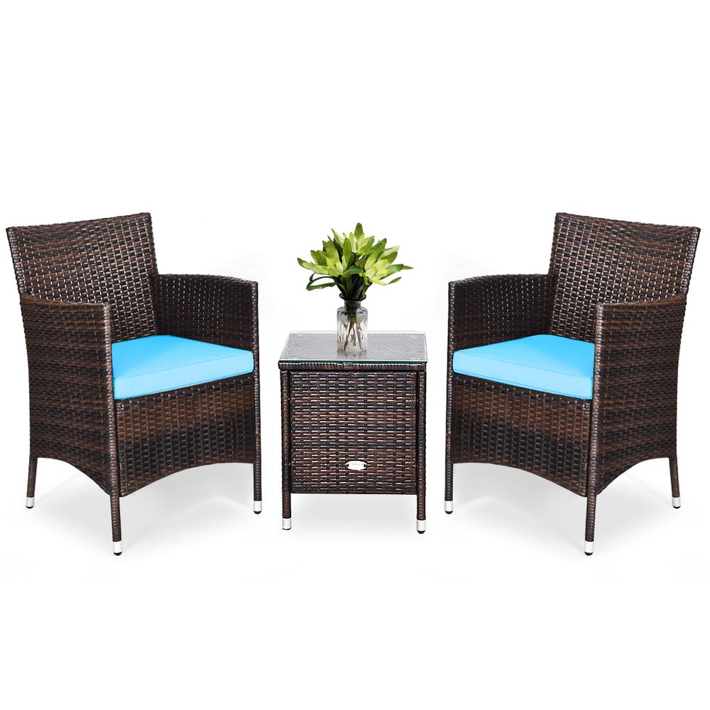 3 Piece Pe Rattan Wicker Patio Conversation Set Outdoor Chairs And Coffee Table With Turquoise Cushion Hwtu The Home Depot