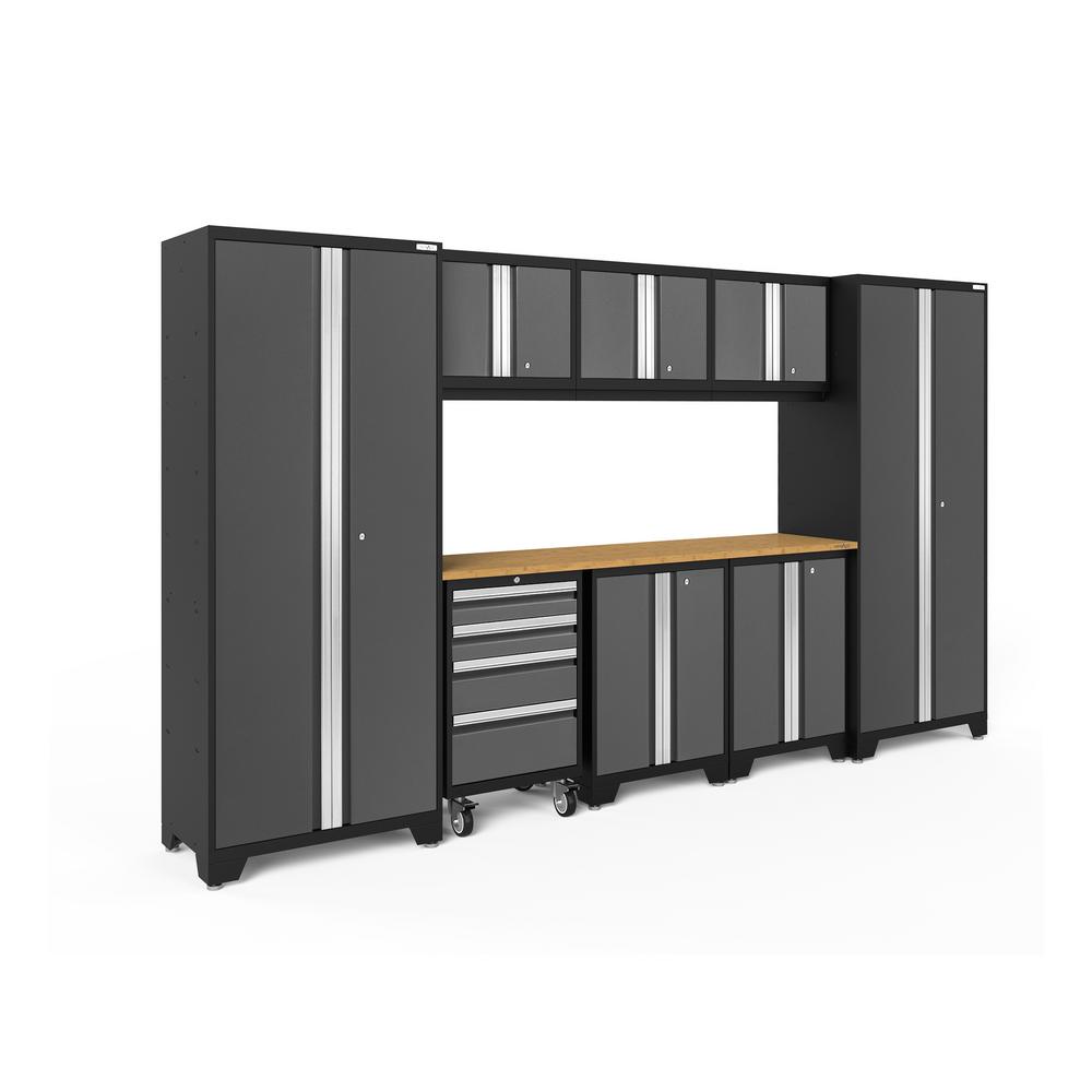 bold series 3.0 132 in. w x 77.25 in. h x 18 in. d 24-gauge steel garage  cabinet set in gray (9-piece)
