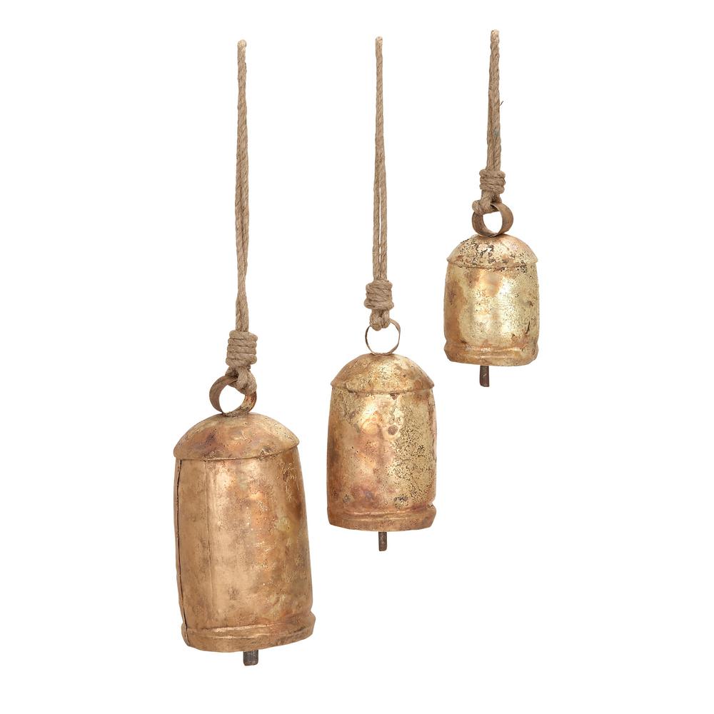 DecMode Small Chestnut-Inspired Bell Chimes With Rope Set of 3: 22" x 5", 18" x 4", 12" x 3"