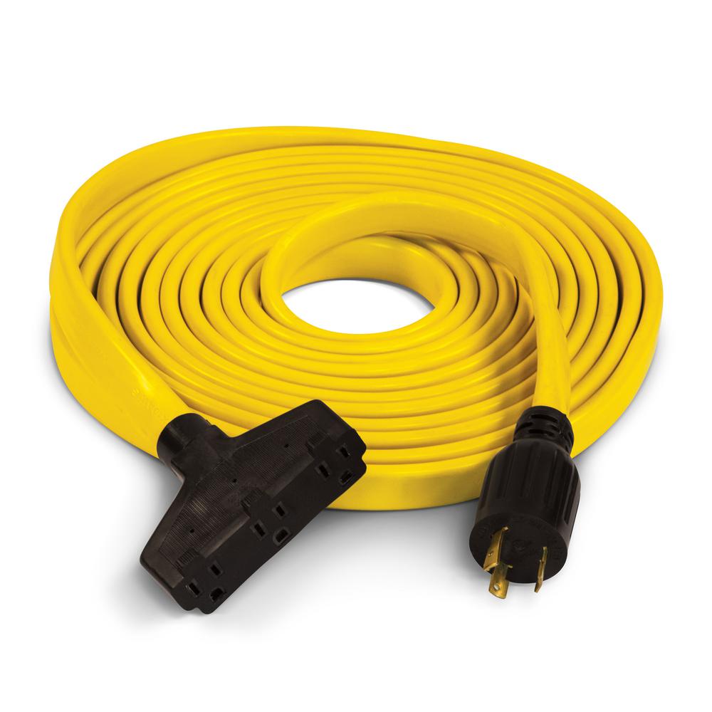 30A 125V Generator Power 3750 Watts Extension Cord Champion Power Equipment 48034 25 ft yellow L5-30P to Three 5-15R