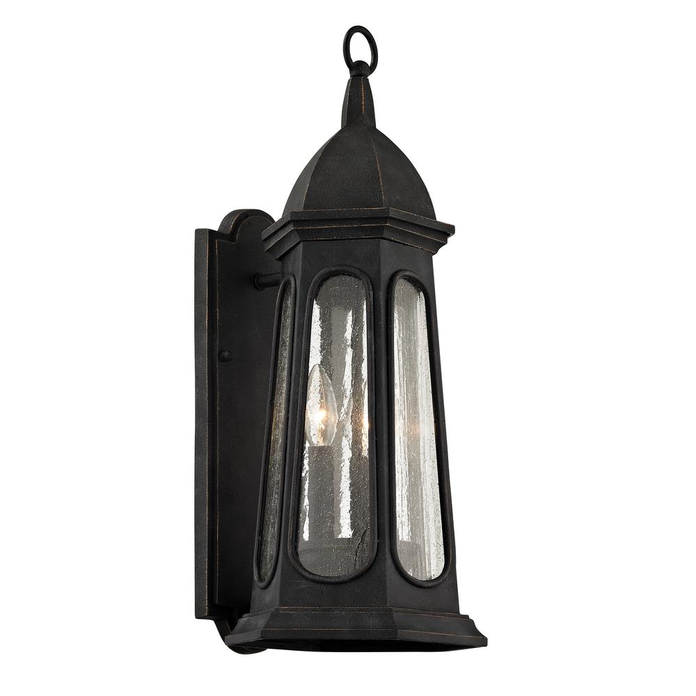 Troy Lighting Black Waterproof Outdoor Wall Mounted Astor 3 Light Vintage Iron 21 75 In H Outdoor Wall Mount Sconce With Clear