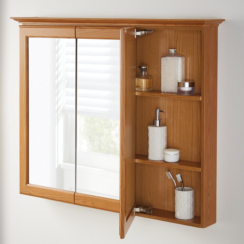 Home Decorators Collection 36 5 8 In W X 29 1 4 In H Fog Free Framed Surface Mount Tri View Bathroom Medicine Cabinet In Oak 45438 The Home Depot