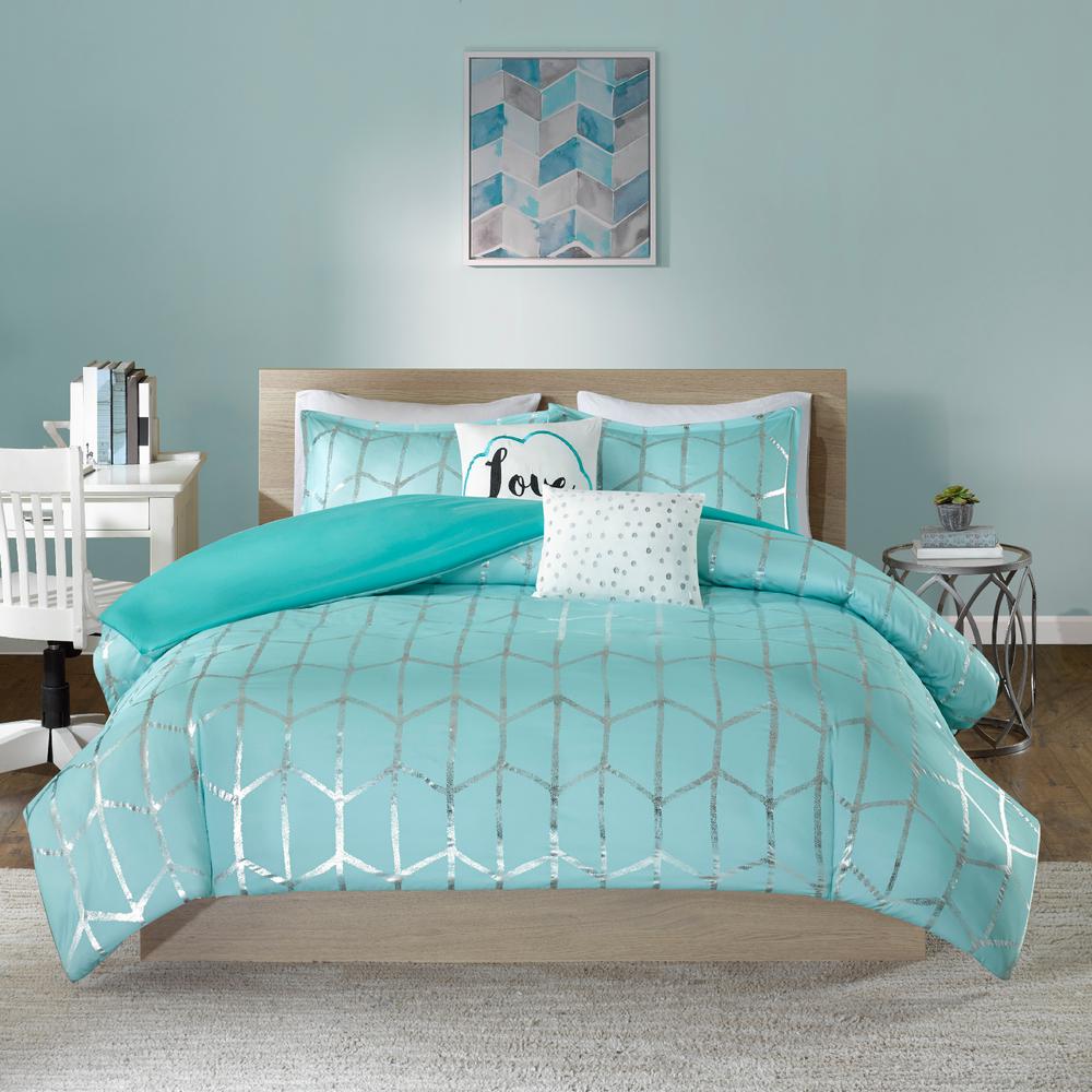 Intelligent Design Khloe 5 Piece Aqua Silver Full Queen Duvet