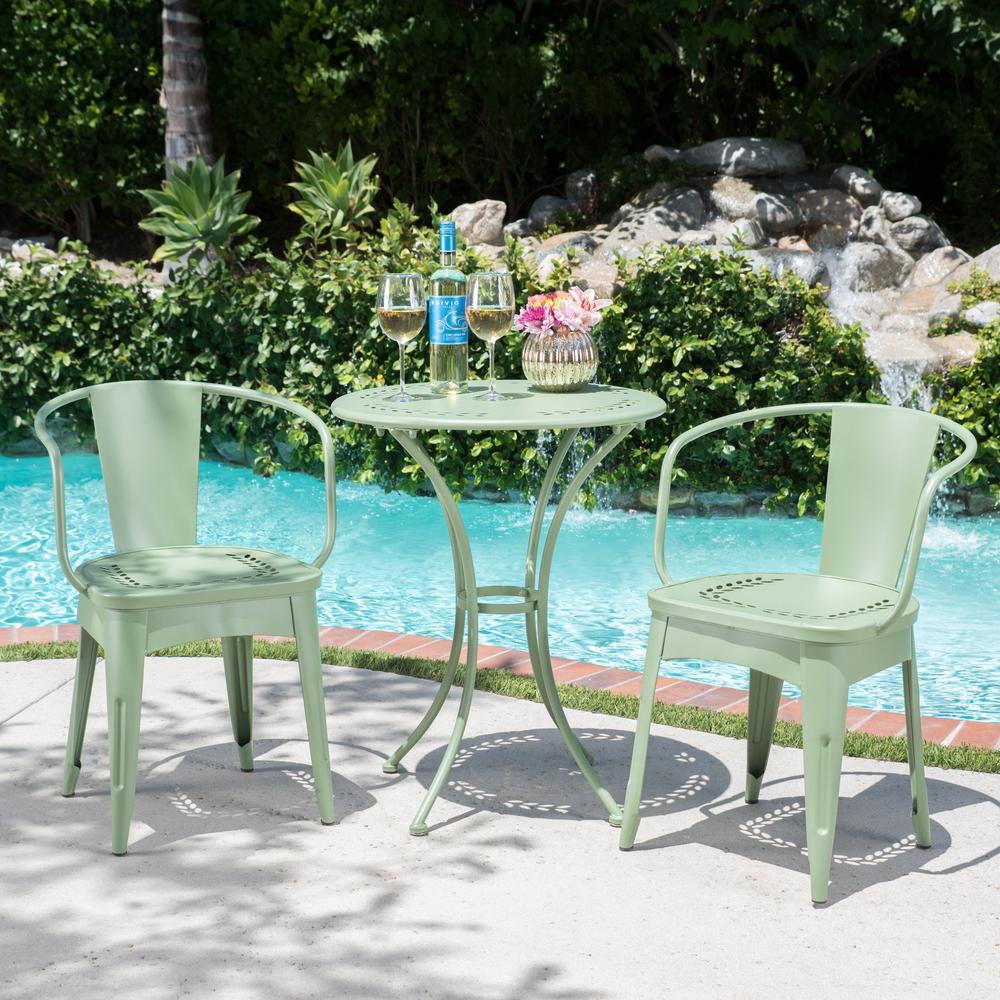 Noble House Lourdes Matte Green 3 Piece Metal Outdoor Bistro Set Noble House Lourdes Matte Green 3 Piece
