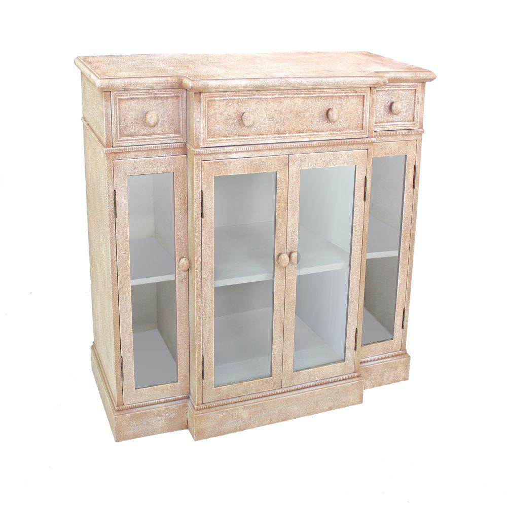 Benjara Beige and Clear 4Door Wood and Glass Storage with 3