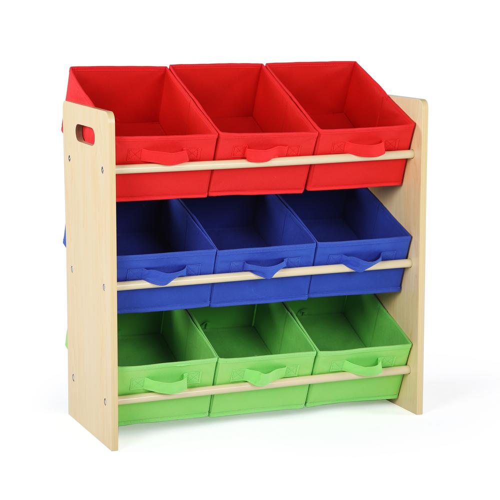wooden toy shelf with bins