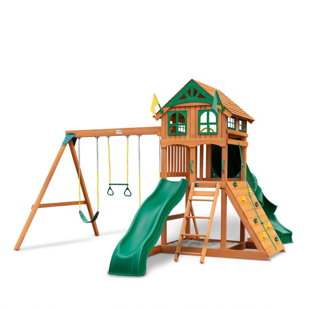 Gorilla Playsets DIY Outing III Wooden Playset with Wood Roof, Tube Slide, and Rock Wall-01-1075 ...