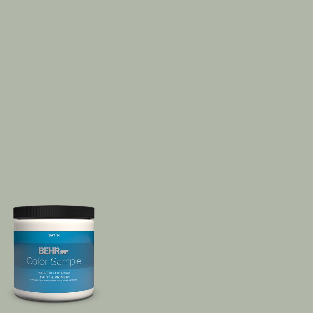 BEHR PREMIUM PLUS 8 oz. ICC56 Green Tea Satin Enamel Interior/Exterior Paint & Primer Color