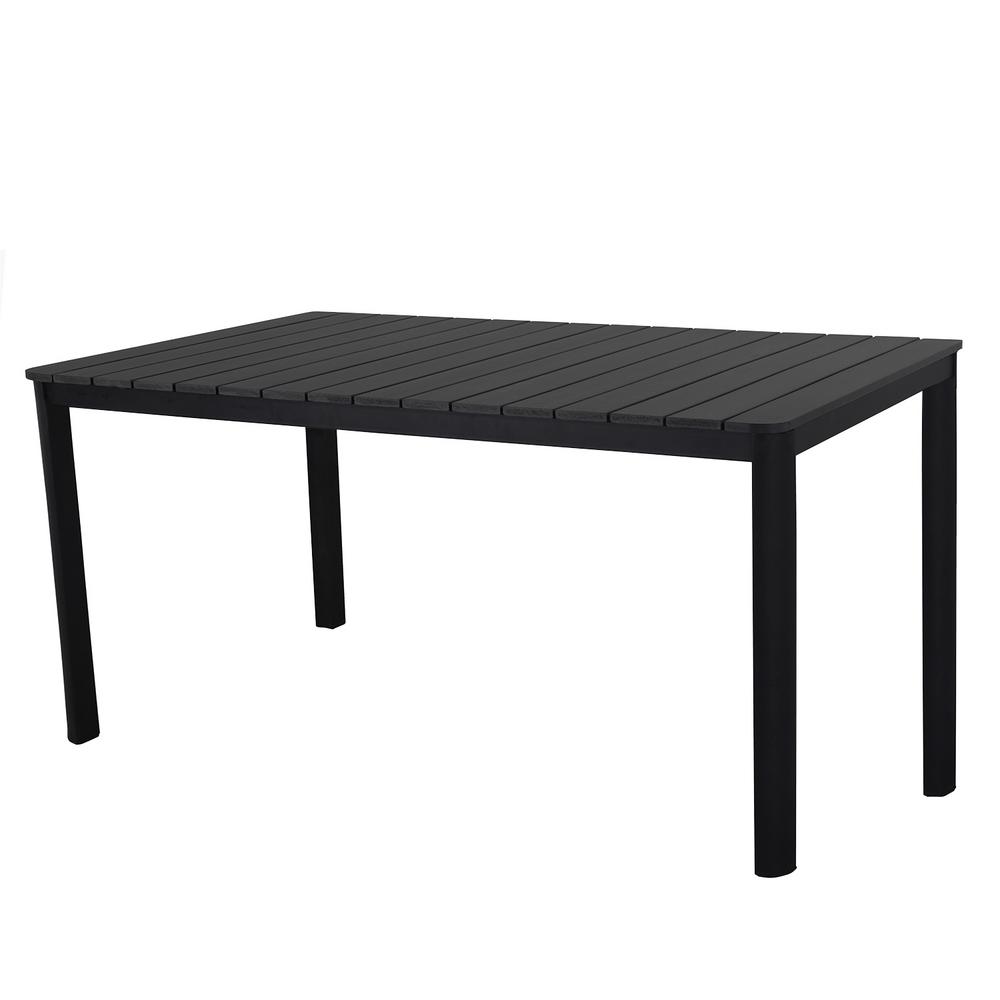 Unbranded Modern Contemporary 63 In Rectangular Faux Wood Slatted Indoor And Outdoor Steel Black Dining Table Hd932 Table Bk The Home Depot