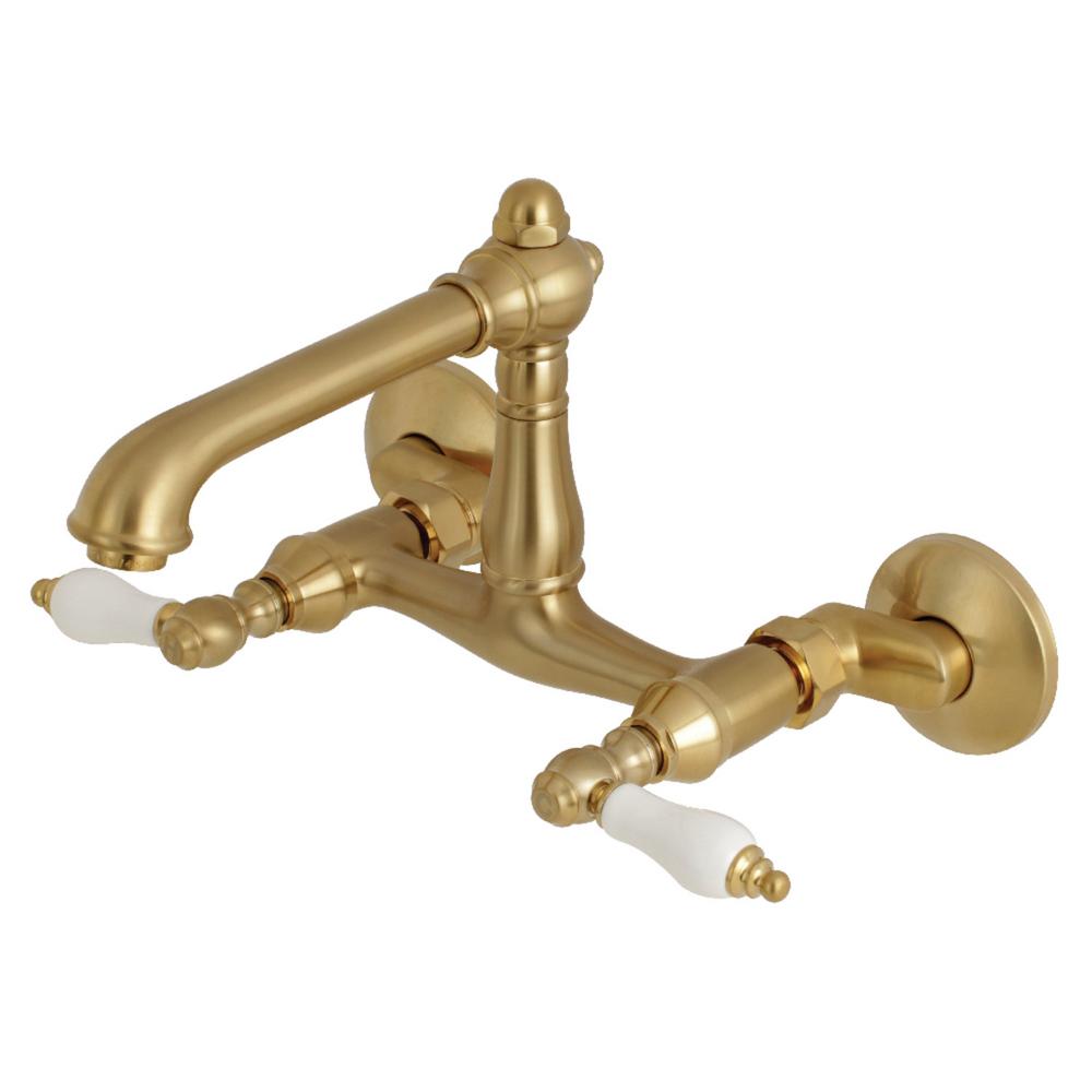 Kingston Brass English Country 2 Handle Wall Mount Standard Kitchen Faucet In Brushed Brass Hks7227pl The Home Depot