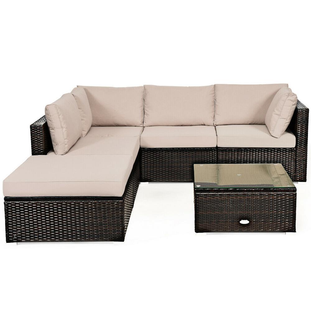 Costway 6 Piece Brown Wicker Outdoor Patio Rattan Furniture Set Sectional Sofa Ottoman With Beige Cushions Hw63878 The Home Depot