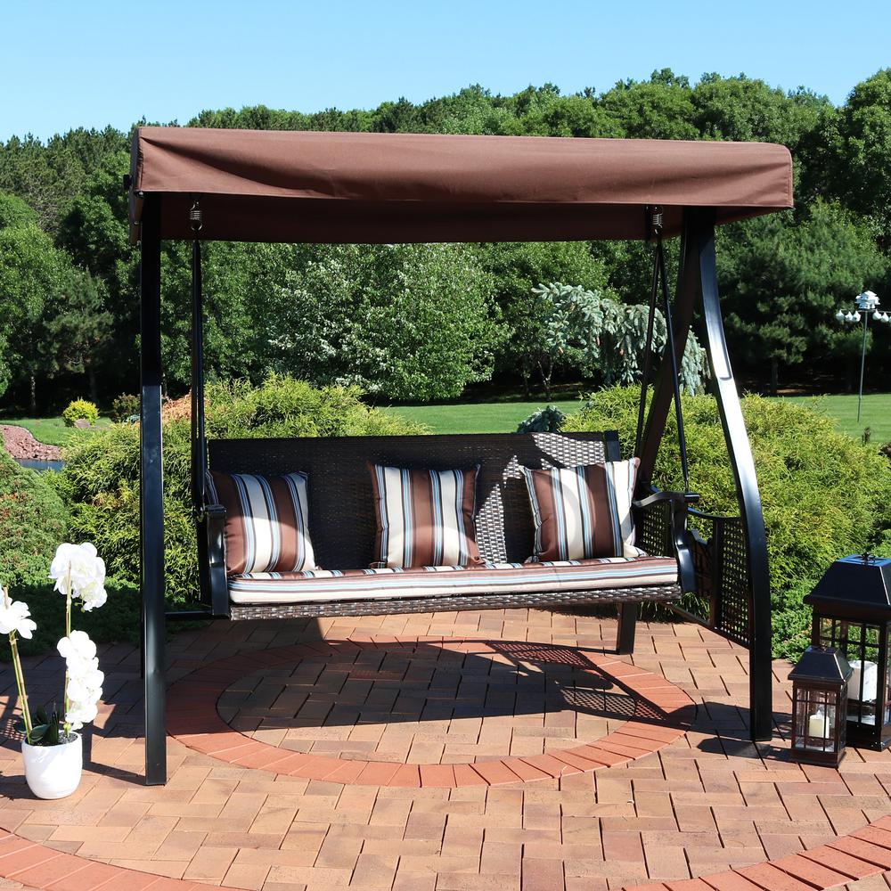 Sunnydaze Decor Deluxe Steel Frame Canopy Porch Swing With Brown Striped Cushion And Side Tables Zbo 129 The Home Depot